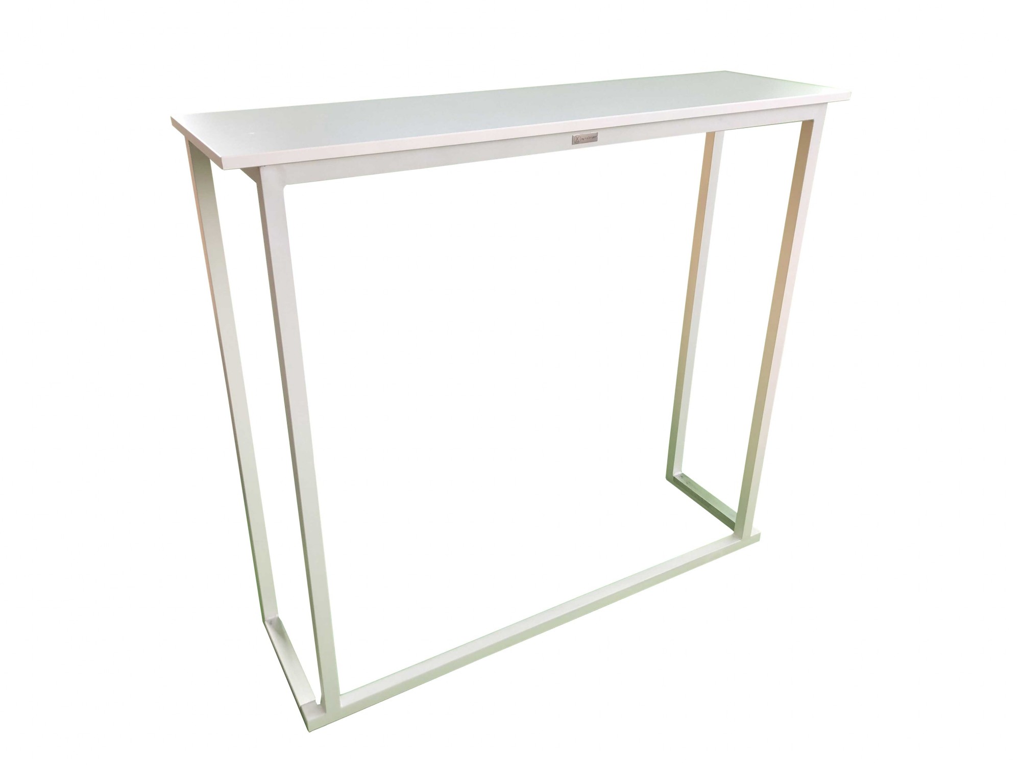 Location de console haute design Blanche à Paris pour salon d'exposition.