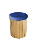 Louer pouf rond en bois éco-responsable avec assise en velours bleu à Paris