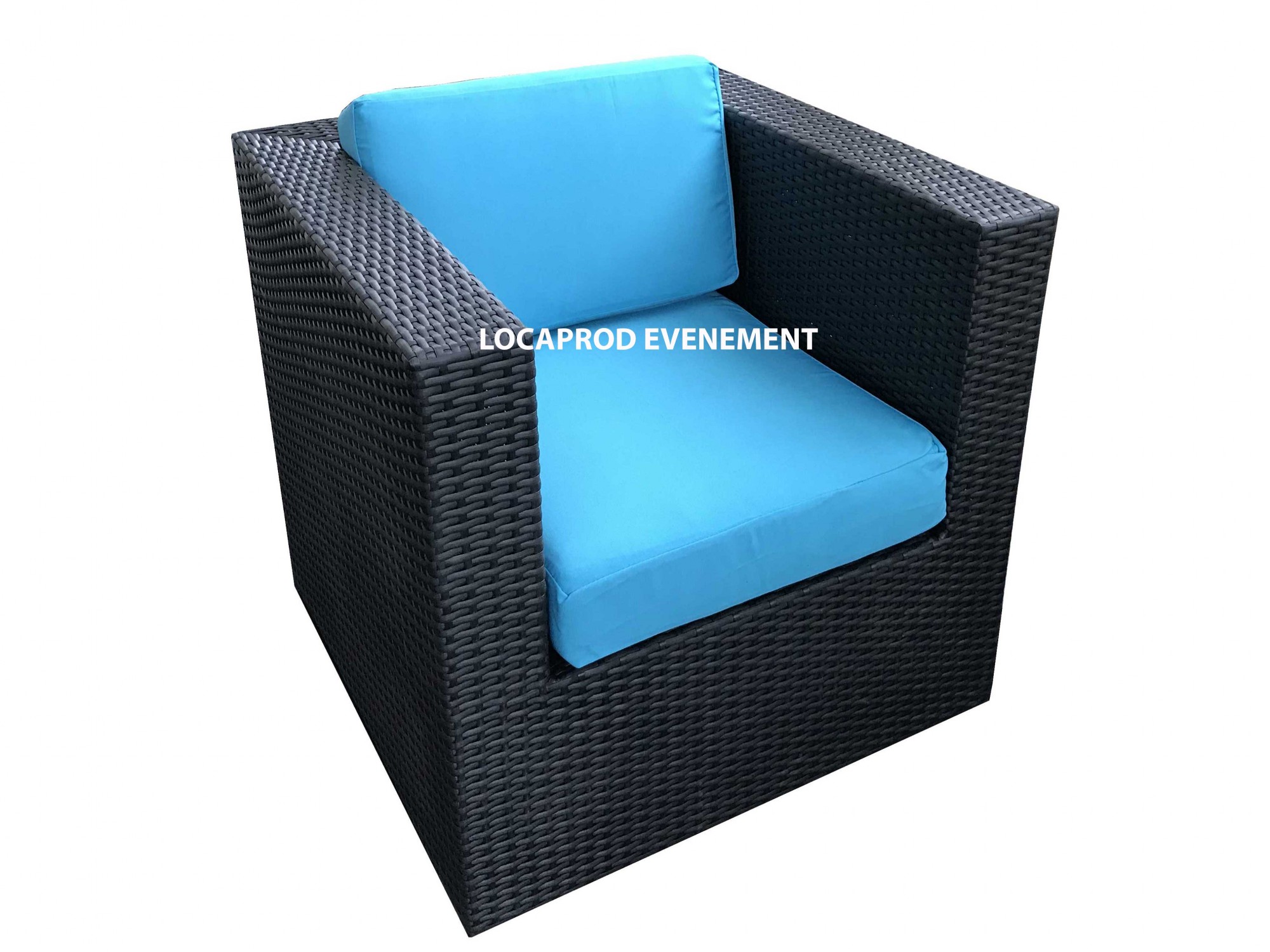 Location de fauteuil en résine noir avec assise bleu pour événement extérieur à Paris