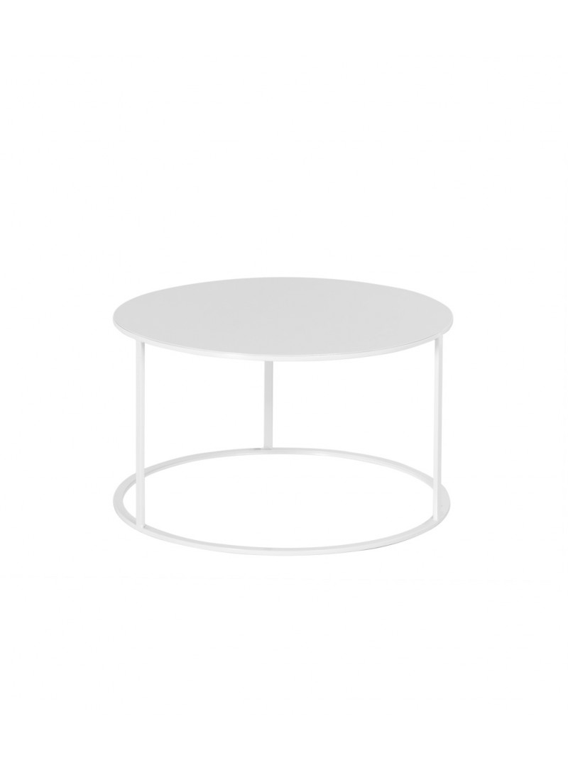 Location de table basse ronde blanche en métal pour salon d'exposition à Paris